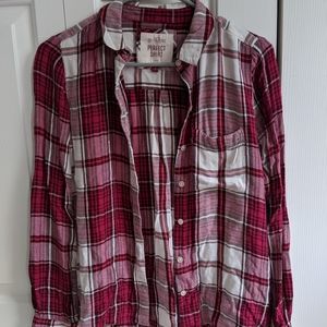 magenta and white plaid flannel, size xs